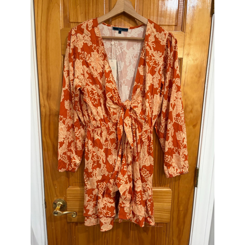 Shore NWT Orange Floral Tie Front Long Sleeve Boho Resort Mini Dress Size M